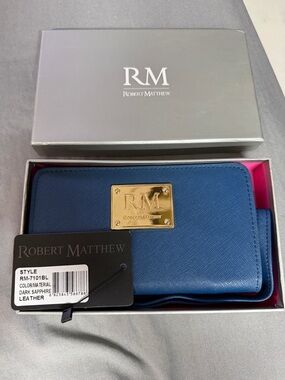 Robert Mathew Dark Sapphire Leather Zip Card & Key Holder wallet 24kt gold plate